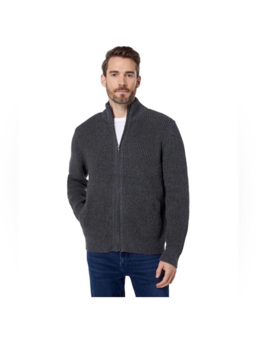 LL Bean Men's Organic Cotton full zip sweater Cardigan Sz XL Tan Gray Black Mock